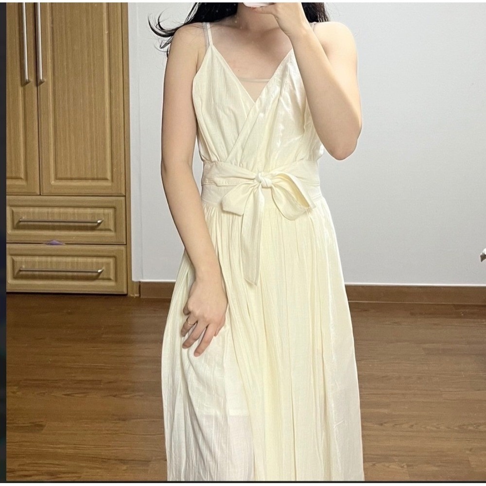 RECTO‎ Luxury Maxi Dress Ivory Tie Waist V-Neck Rayon Blend Womens Size M Ivory